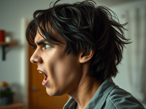 A young person displaying a strong emotional reaction, likely in the midst of a crisis, with disheveled hair and an open mouth suggesting shouting or intense communication.